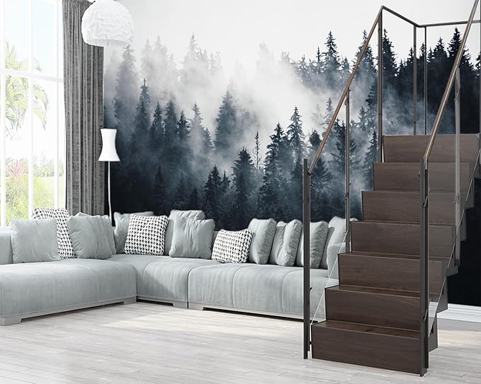 XMPMBM-Misty Forest Fabric Wallpaper Pine Forest Living Room Bedroom Bathroom Wall Mural-W 132" X H 92"（93 Square Foot）