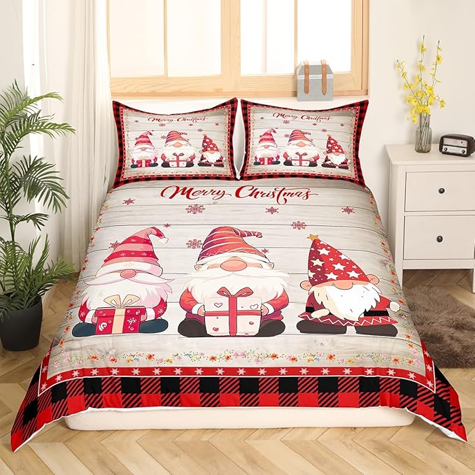 Christmas Gnomes Duvet Cover Set Full Size, Rustic Wooden and Red Plaid Xmas Comforter Cover with 2 Pillowcases, New Year Theme Bedding Set for Kids Boy Girls Lightweight Bedspread Cover,No Comforter