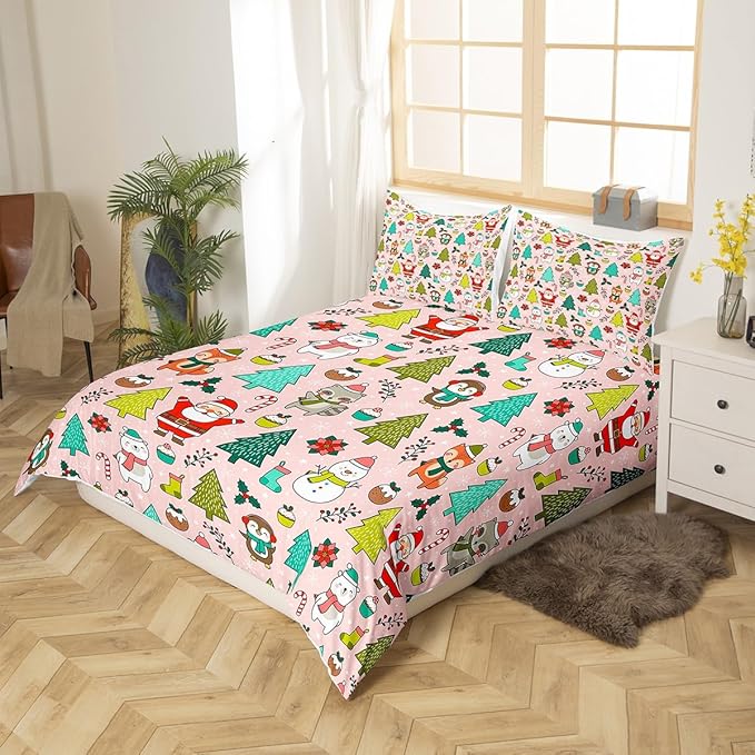 Manfei Christmas Duvet Cover Set Twin Size, Santa Claus Xmas Trees Animals Snowman Bedding Set 2pcs for Kids Girls, New Year Comforter Cover Soft Polyester Quilt Cover with 1 Pillowcase,No Comforter