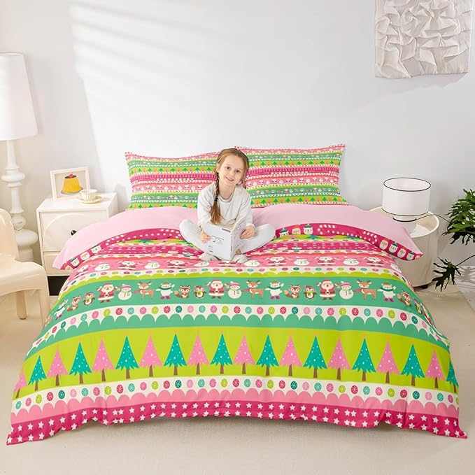 Christmas Bedding Set Cute Fox Santa Claus Polar Bear Comforter Cover for Kids Boys Girls Teens Christmas Tree Duvet Cover Breathable Pink Dots Stripe Bedspread Cover Room Decor Quilt Cover Toddler