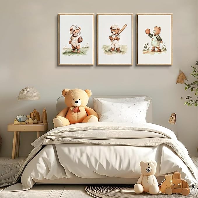 3Pcs Nursery Teddy Bear Canvas Wall Art Vintage Sports Bear Wall Decor Sports Boys'Room Artwork Prints Basketball Football Baseball Painting Pictures for Children's Room Boys' Room (12x16in poster)