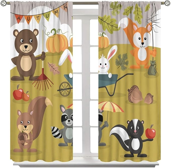 Cartoon Curtains, Jungle Animals Autumn Fun Pattern Blackout Window Treatments, Rod Pocket Thermal Insulated Drapes 2 Panel Sets for Children Boys Bedroom Nursery Classroom, 42" W X 54" L