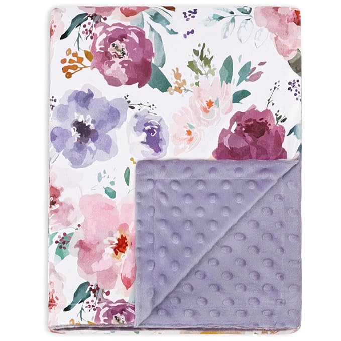 HOMRITAR Baby Blanket for Girls Soft Lightweight Minky Blanket with Double Layer Dotted Backing for Infant Toddler Nursery Crib with Purple Floral Design 30 x 40 Inch