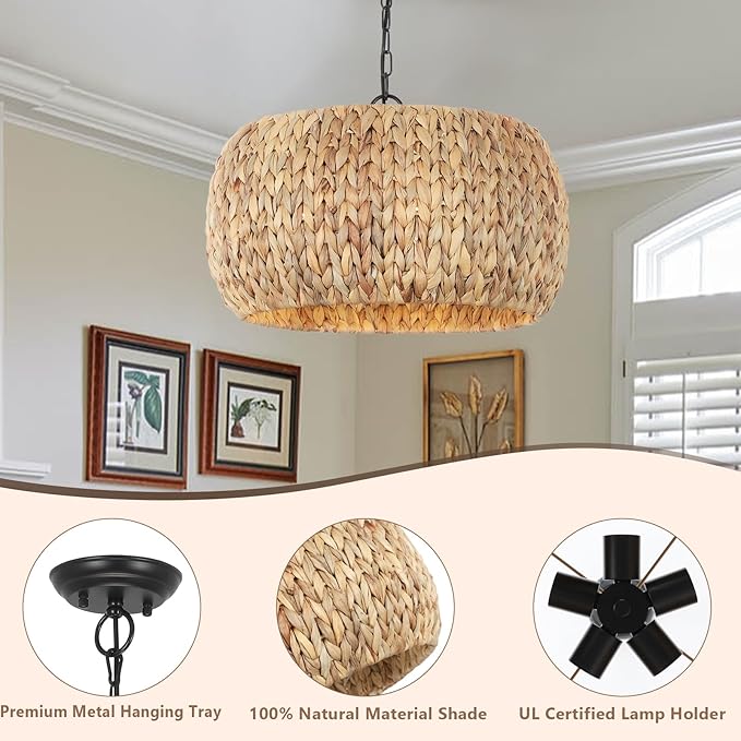 Farmhouse Boho Chandelier, 5-Light with Water Hyacinth Lampshade, for Dining Room, Kitchen Island, Bedroom, Living Room