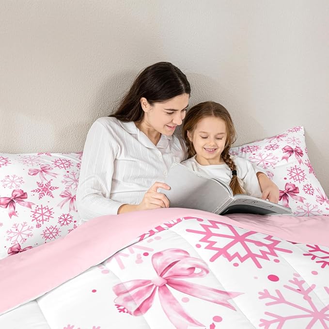 Cute Bow Tie Kids Comforter Set Full Size,Girly Bowknot Snowflake Dots Bedding Set,Room Decor,Merry Christmas Winter Princess Quilt Comforter,Pink White Duvet Set Bedroom Quilt Set,2 Pillowcases