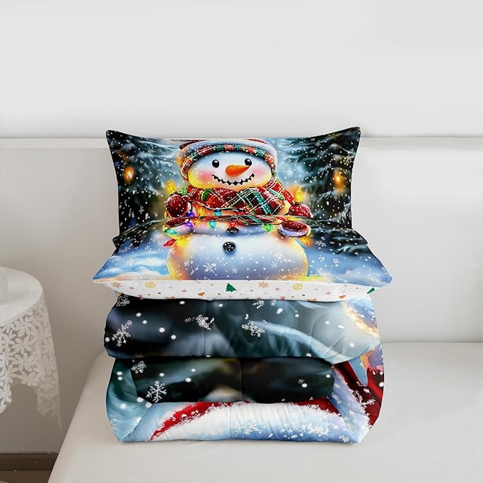 Lovely Snowman Kids Comforter Set Twin Size,Xmas Colorful Lanterns Snowflake Bedding Set Boys Girls Room Decor,Winter Merry Christmas Quilt Comforter,Rainbow Duvet Set Bedroom Quilt Set,1 Pillowcase