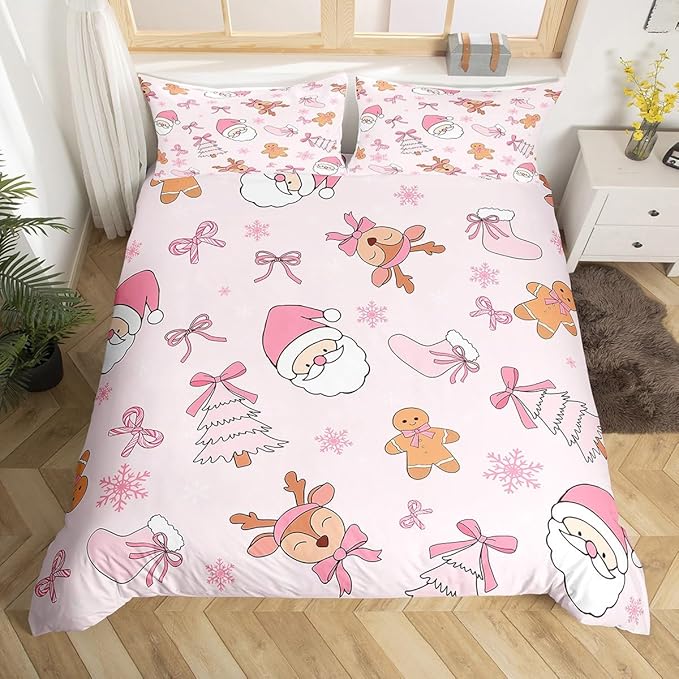 Kids Pink Christmas Bedding Set Toddler Size Merry Christmas Snowman Duvet Cover for Boys Girls Teens Bedroom Decor Santa Claus Comforter Cover Soft Microfiber Xmas Tree Deer With 1 Pillow Case