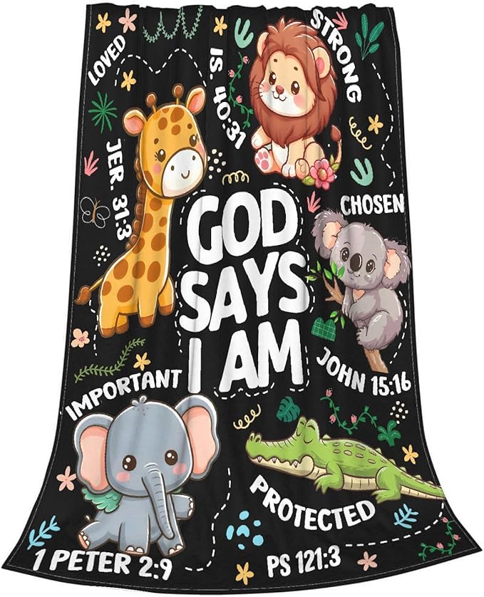 Bible Verse Blanket, Christian Gifts, God Says I am Blankets,Giraffe Lion Koala Elephant Print Animal Blankets, Cute Religious Baptism Gift for Son,Animals Lover Room Bed Decoration, 40"x50"
