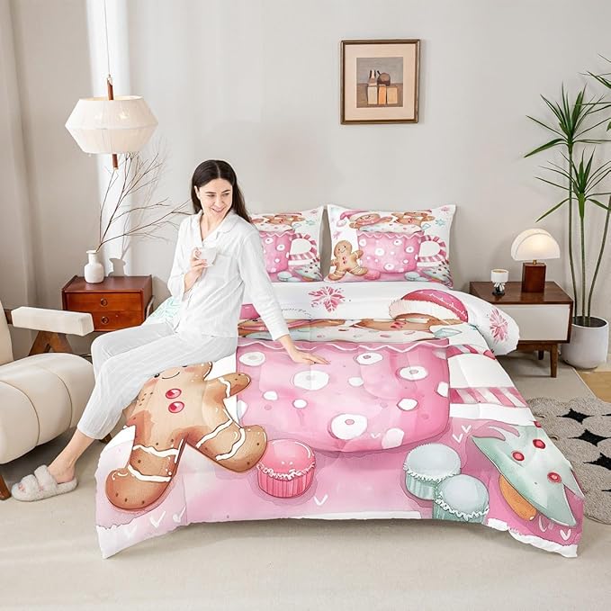 Feelyou Christmas Bedding Set Soft for Boys Girls, Pink Gingerbread Comforter Set Full Size Christmas Decor Duvet Quilt Microfiber Xmas Bedroom Decor 3 Pcs with 2 Pillow Cases