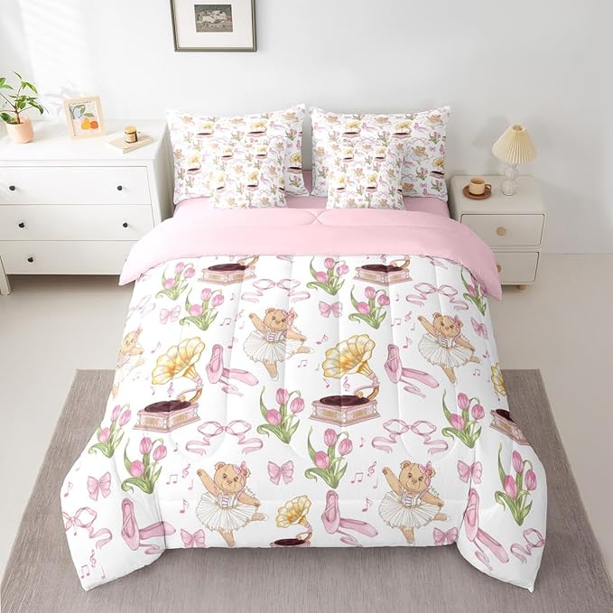 Pink Bowknot Princess Comforter Queen Size,Ballet Shoes Bear Dancer Cartoon 7 Pcs Bedding Set,Tulip Flower Music Note Record Decor,Bow Tie Romantic （Fitted+Sheet+2 Pillowcases+2 Throw Pillow Covers）