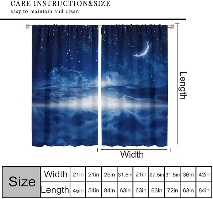 Star Night Sky Blackout Curtains, Moon Foggy Clouds Landscape Theme Print Window Drapes for Kids Girls Bedroom Living Room Decor 42" W X 45" L