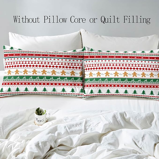 LUVIVIHOME 3PCS Christmas Duvet Cover Queen Bedding Sets, Gingerbread Man Christmas Tree Snowflake Poinsettia Reindeer Winter Holiday Xmas Gifts Red Green White Striped Comforter Cover, 2 Pillow Shams