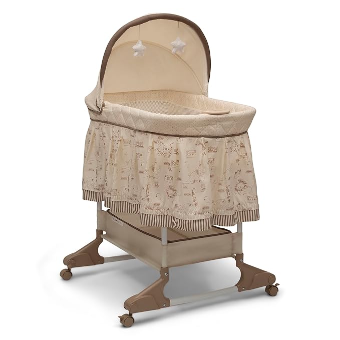 Delta Children Portable Rocking Bassinet for Newborns Bedside Sleeper Crib with Gentle Vibrations, Nightlight, Soothing Music, Adjustable Canopy, Plush Toys, Storage Basket, Baby Essentials
