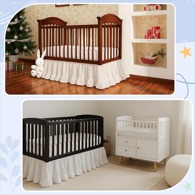 Crib Skirt Dust Ruffle 28" x 52" with 16" Drop–100% Washed Cotton Baby Bed Crib Skirt for Boys & Girls' Cribs, Durable & Fade - Resistant Nursery Bedding, Fits Standard Cribs