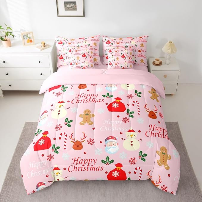 Christmas Deer King Comforter Set with Sheets for Kids Boys Girls Cute Gingerbread Man 7 Pieces Bedding Set Christmas Santa Claus Bed in a Bag Reversible Pink Decor Room Decor Soft Lightweight