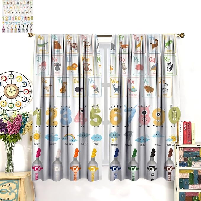 Alphabet Learning Curtain for Kids, Colorful Cartoon Animal Multiplication Table Educational, Classroom Child Printed Rod Pocket Blackout Window Drapes for Bedroom Living Room 42" W X 45" L