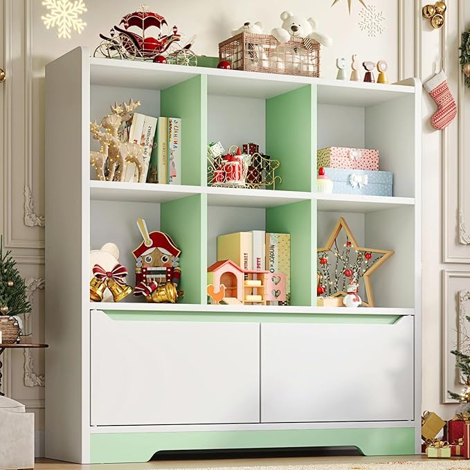 Kids Bookshelf,2 Tier Kids Book Shelf for Kid Rooms with 2 Doors,6 Cubes Storage Organizer,Wood Children Bookcase,Toy Storage Organizer,Freestanding Book Display Shelf for Playroom WhiteGreen