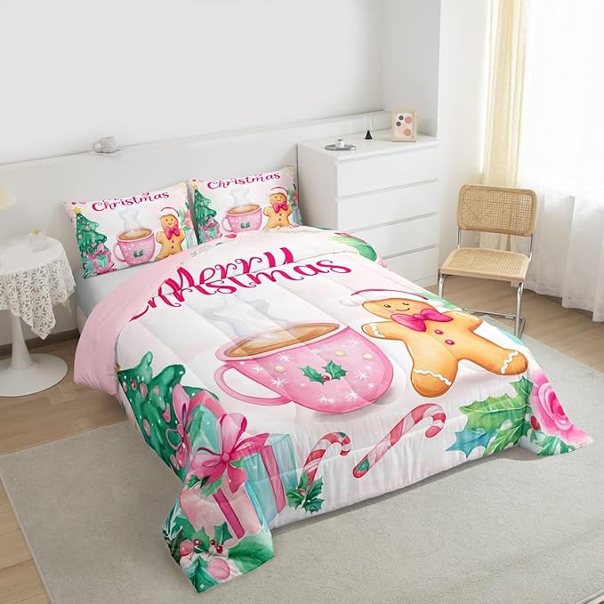 Feelyou Merry Christmas Bedding Set Soft for Boys Girls, Christmas Decor Comforter Set King Size Gingerbread Man Duvet Quilt Microfiber Xmas Bedroom Decor 3 Pcs with 2 Pillow Cases