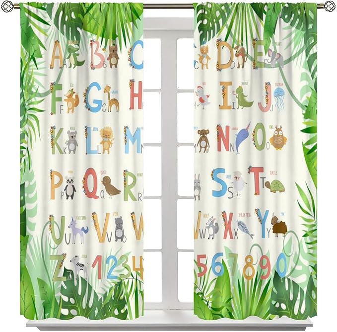 Kids Animal Alphabet Curtain Tropical Plant Alphabet Educational Printed Rod Pocket Blackout Window Drapes for Bedroom Living Room Nursery School 42" W X 54" L