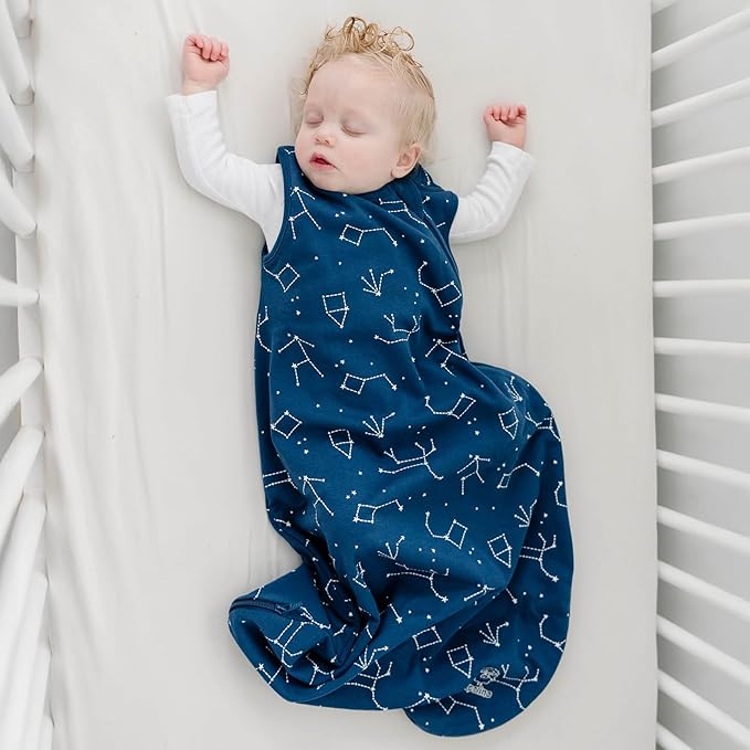 Woolino Merino Wool and Organic Cotton Baby Sleep Bag - 4 Season Classic Sleep Sack - Two-Way Zipper Sleeping Bag for Baby and Toddler - 0-6 Months - Night Sky