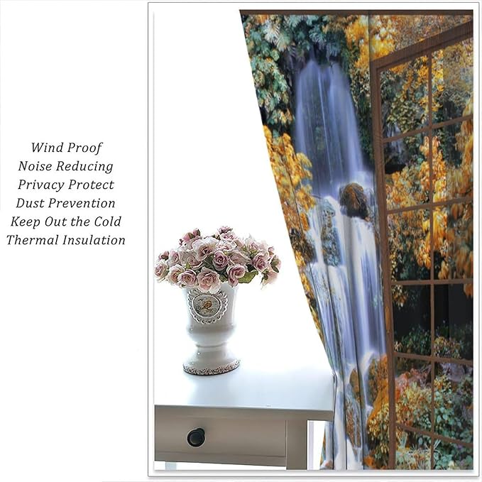 Waterfall Blackout Curtains, Waterfall Forest Landscape Wooden Window Print Pattern Window Drapes, for Bedroom Living Room 42" W X 45" L