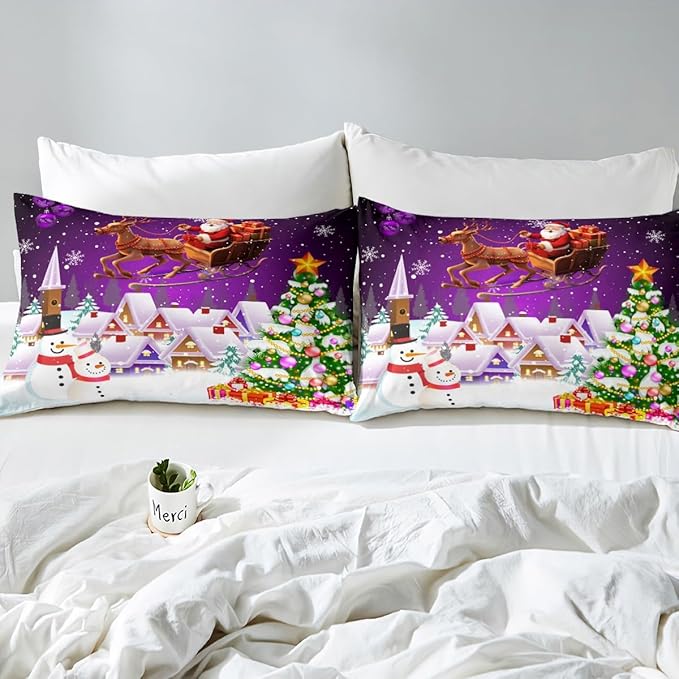 Manfei Xmas Duvet Cover Set Twin Size, Snowman Christmas Tree Bedding Set for Kids Boys Girls, Santa Claus with Reindeer Comforter Cover New Year Theme Quilt Cover with 1 Pillowcase, No Comforter