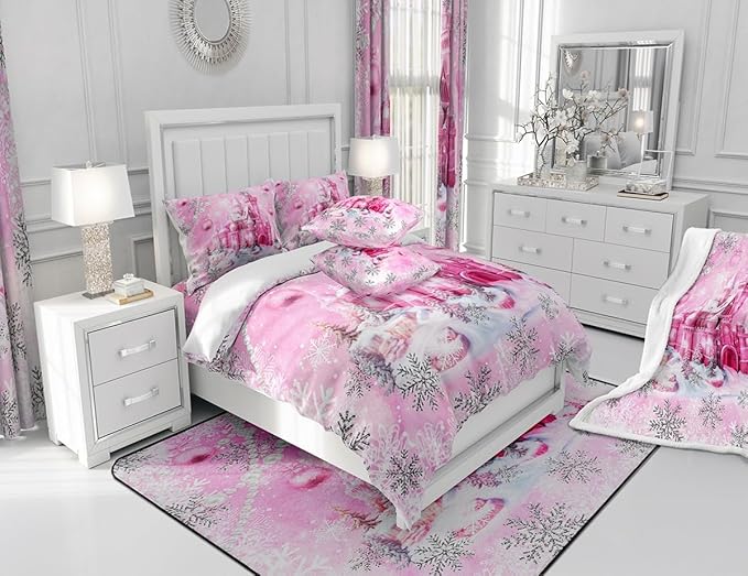 Pink Castle Comforter Set Twin Size,Cartoon Fairy Tale Theme Watercolor Bedding Set for Kids Boys Men,Christmas Winter Silver Snowflakes Quilted Duvet Set with 1 Pillowcase