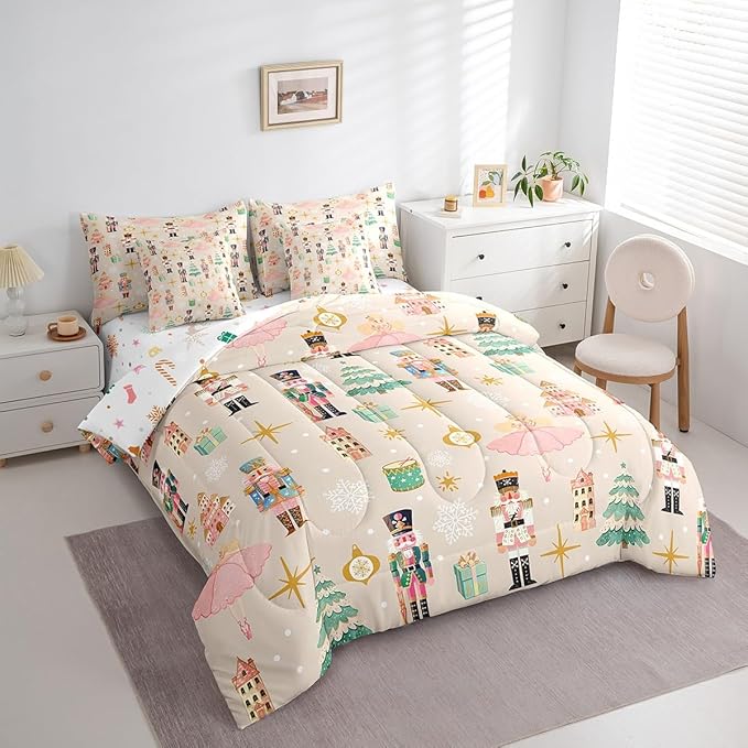 Erosebridal 7Pcs Beige Christmas Comforter Set Queen Size,Princess Nutcracker Bedding Set,Xmas Tree Snow Bed in A Bag for Kids Boys Girls,Starry Sky Christmas Decoration Quilt with Flat Fitted Sheet