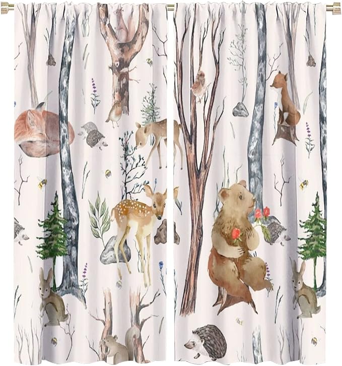 Rustic Forest Window Curtains Curtains, Woodland Animal Bear Deer Hedgehog Fox Squirrel Watercolor Blackout Rod Pocket Treatments Drapes for Boys Girls Bedroom 42x45in
