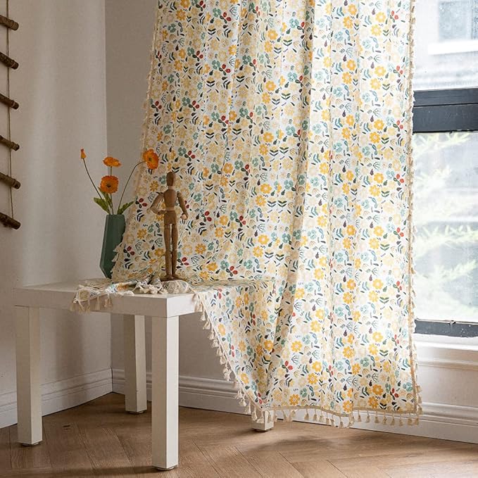 Floral Curtains 63 Inch Length 2 Panels Tassel Boho Semi-Sheer Drapes Bedroom Living Room Farmhouse Short Rustic Country Yellow Green Flower Rod Pocket Cotton Linen Blend Window Curtain Panel