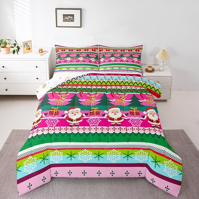 Feelyou Merry Christmas Comforter Set All Season Santa Claus Bedding Set with 1 Pillow Cases Cute Deer Microfiber Kids Toddler Bedclothes Snowflake Bedroom Decor Duvet Quilt Breathable Soft