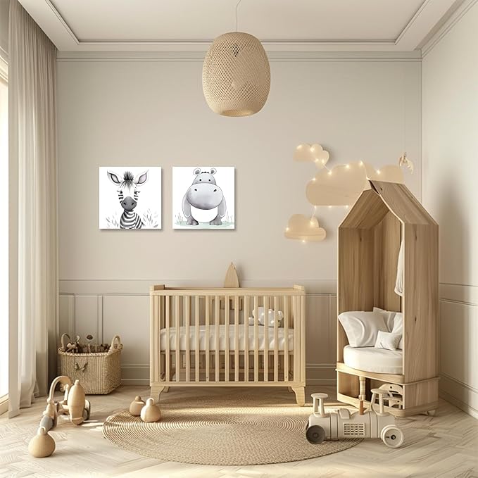 Baby Animal Framed Canvas Wall Art Set of 2 - Cute Baby Zebra Hippo Paintings Pictures Nursery Decor Wild Animals Posters Prints for Living Room Kids Room Decor(Artwork-01, 20"x20"x2P)