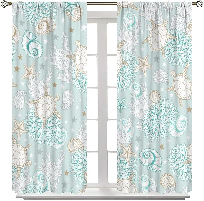Nautical Curtains,Seagorses Coral Starfish Reef Seashell Beach Sea Seashell Pattern Blackout Print Home Bedroom Living Room Window Treatmen 2 Panel Set 72x63 Inch