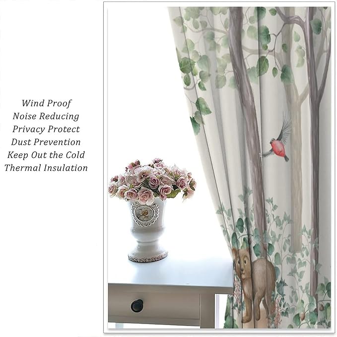 Forest Animal Curtains,Fox Elk Bird Animal Watercolor Woodland Print Curtains Kids Nursery Bedroom Living Room Home Decoration 42x45 Inch