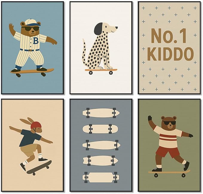 Skateboard Canvas Wall Art, Nursery Animal Sports Posters, Fashion Sunglasses Bear Athletes Pictures, No.1 Kiddo Inspirational Quote Print, Funny Skateboard Rabbit Dog Painting 8x12in Framed
