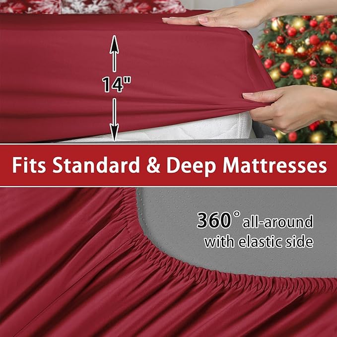 7 Pcs Queen Size Christmas Comforter Set with 2 Pillowcases & 2 Shams, Red Glitter Xmas Tree Bedding for Kids and Adults, White Elegant Snowflake Bed in a Bag with Flat Fitted Sheet