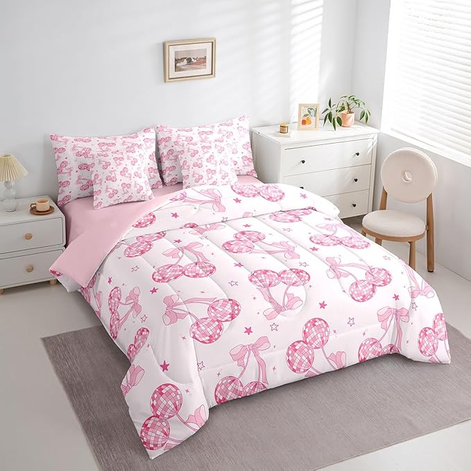 7 Pieces Bowknot Princess Kids Comforter Set Twin,Disco Crystal Ball Western Cowgirl Bedding Set,Starry Sky Bow Tie Romantic Pink Girly（Comforter+Fitted+Flat Sheet+2 Pillowcases+2 Throw Pillow Covers）