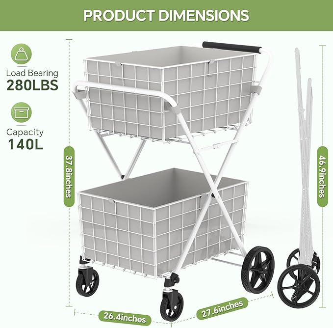 JIALIJIU 2-Tier Shopping Cart for Groceries, Folding Grocery Cart with 360° Rolling Wheels, Heavy Duty Utility Carts with 2 Waterproof Liners, Multi-Functional Trolley for Laundry, Household, White