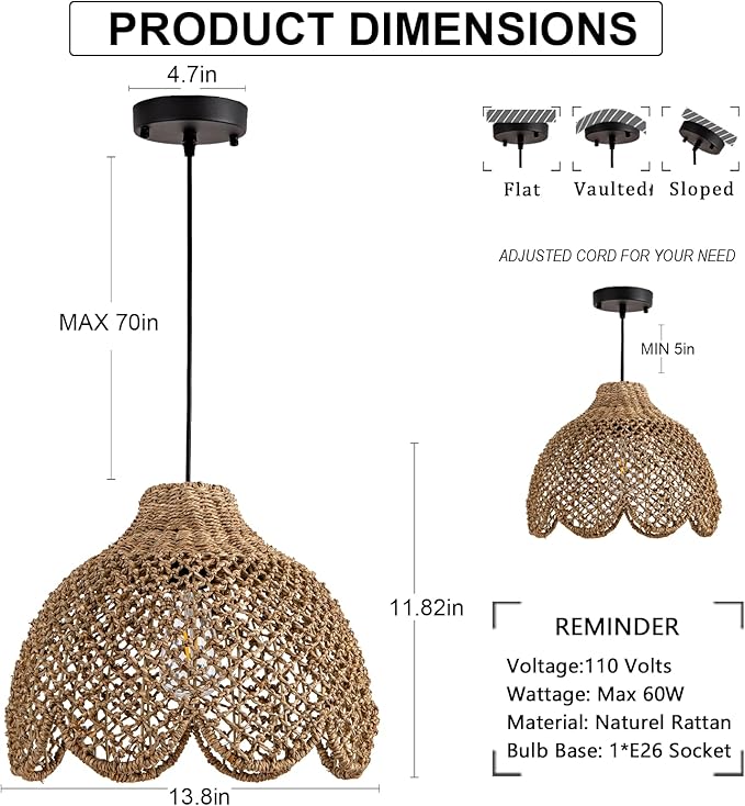 13.8inch Rattan Light, Rustic Hand Woven Wicker Pendant Light Brown Rattan Ceiling Lighting Fixtures for Living Room Dining Room Bedroom Kitchen Island Hallway,1-Light
