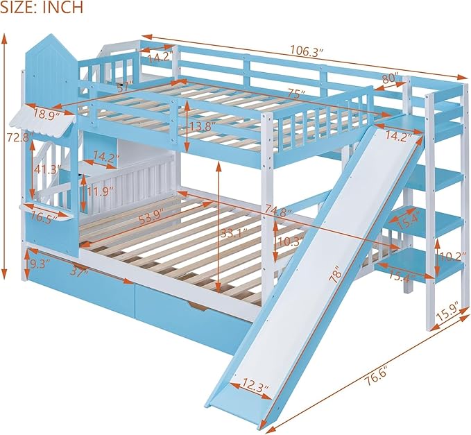 MERITLINE Full Over Full Castle Bunk Bed with Slide,Stairs and Drawers,Solid Wood Floor House Princess Bunk Bed with Storage Shelves (Blue,Full Over Full)