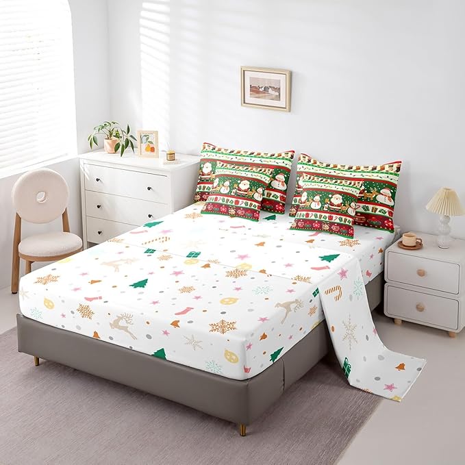 Feelyou Christmas Santa Claus Comforter Set with Sheets Cartoon Stockings Deer Bedding Set for Kids Boys Girls Teens Decor Christmas Snowflake Bed in a Bag Kawaii Bed Set 7Pcs Queen Size