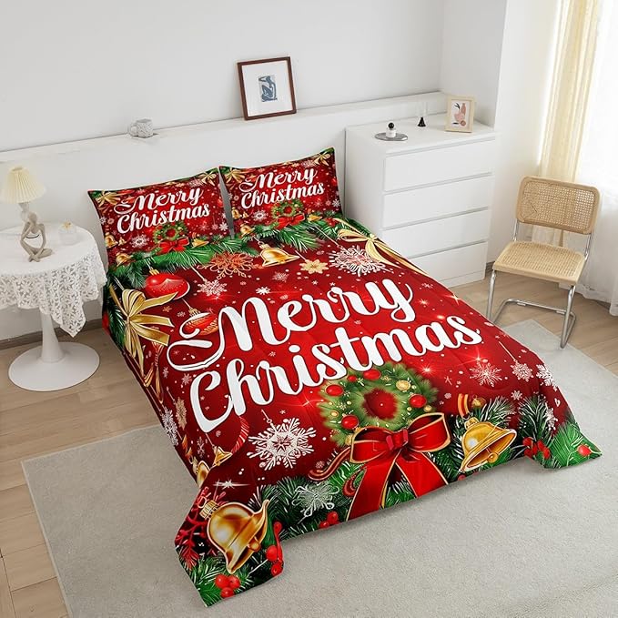 Christmas Wreath Comforter Set Twin Size,Red Bowkont Gold Bell Bedding Set for Kids Boys Girls Room Decor,Snowflake Merry Christmas Quilt Set 2Pcs,Green Leaves Xmas Theme Duvet Insert,1 Pillowcase