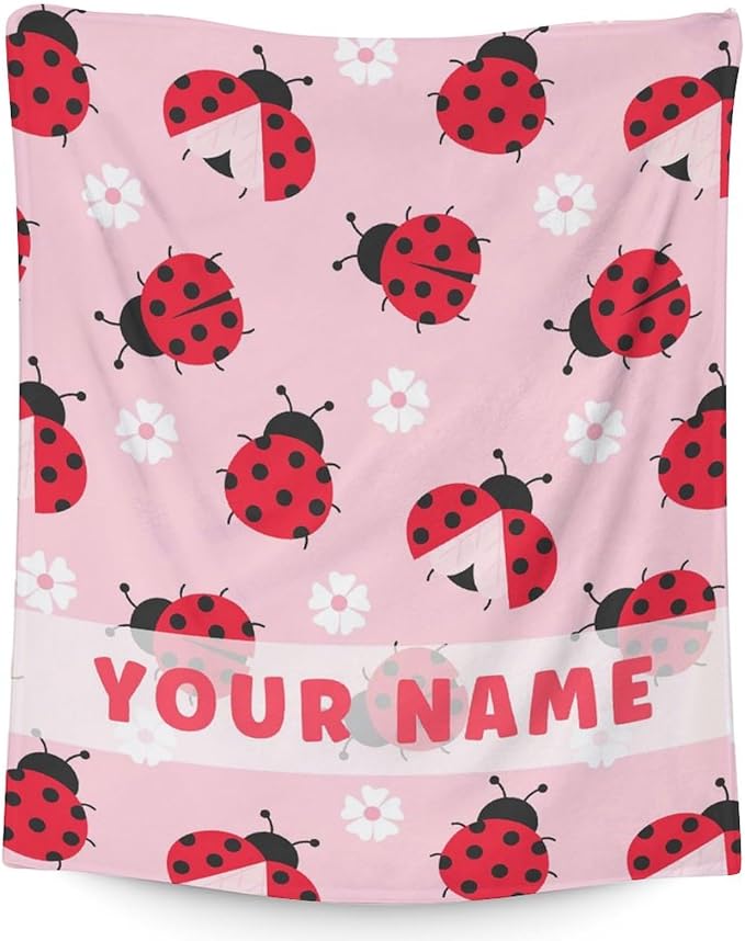Custom Ladybug Gifts with Name - 40 x 50 Inches Cute Girls Blankets for Lady Bug Lovers - Pink Plush Soft Decor Stuff for Couch, Sofa