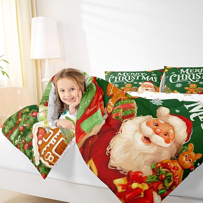 Feelyou Green Christmas Comforter Set All Season Santa Claus Bedding Set with 1 Pillow Cases Gingerbread Microfiber Kids Twin Bedclothes Bedroom Decor Duvet Quilt Breathable Soft