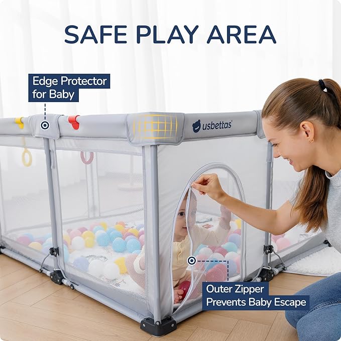 Foldable Baby Playpen with Mat, Foldable Playpen for Babies and Toddlers,Kids Portable Travel Play Pen, Collapsible Play Yard with 4 Handles,Indoor & Outdoor Baby Play Area with Breathable Mesh