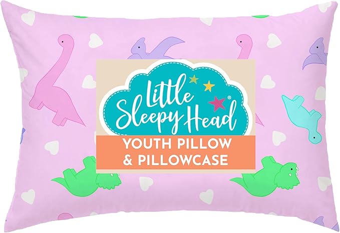 Little Sleepy Head Youth Pillow with Pillowcase 16x22, Soft Jumbo Toddler Pillows, Hypoallergenic Pillow Case - Best Kids Pillows for Sleeping, Perfect Kids Travel Pillows (Dinosaurs Pink)