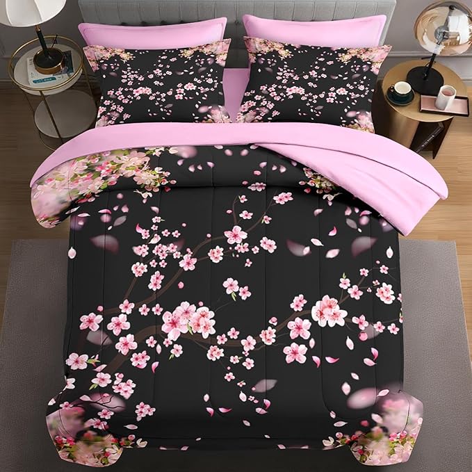 7 Pcs Full Size Comforter Set with 2 Pillowcases & 2 Shams, Tree Flower Floral Bedding for Kids and Adults, Pink Cherry Blossom Bed in a Bag with Flat Fitted Sheet