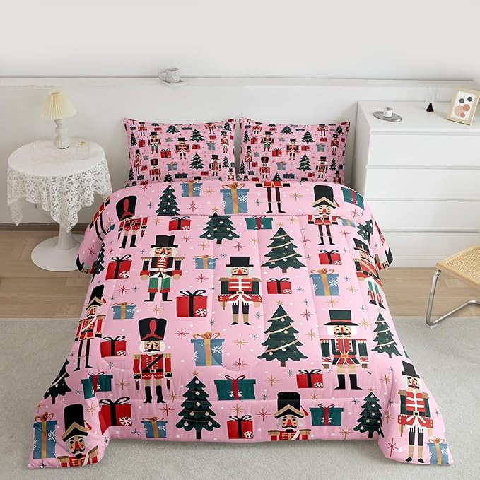 Feelyou Nutcracker Comforter Set All Season Merry Christmas Tree Bedding Set with 2 Pillow Cases Snowflake Kids Queen Bedclothes Soldier Print Decor Duvet Quilt Soft Lightweight
