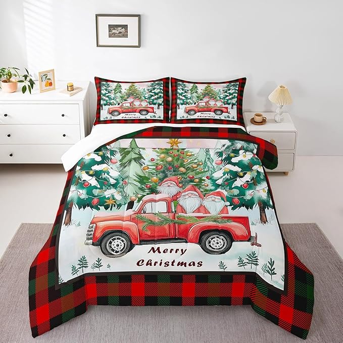 Xmas Theme Bedding Set Full Size,Christmas Tree Retro Red Truck Comforter Set for Kids Boys Girls Room Decor,Black Red Plaid Duvet Insert 3Pcs,Cartoon Gnome Merry Christmas Quilt Set,2 Pillowcases