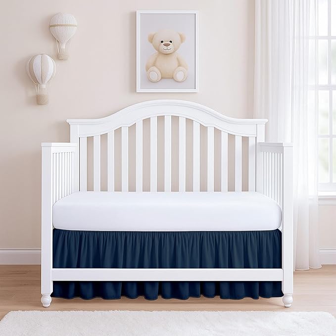 Rajlinen Ruffled Crib Bed Skirt, Microfiber, Dust Ruffle with Split Corners, 14" Drop, Nursery Toddler Bedding for Baby Boys or Girls, Navy Blue